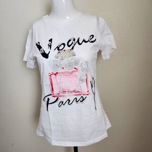 Euro chic beaded rhinestones Short Sleeve Tee with Graphic Designed in italy